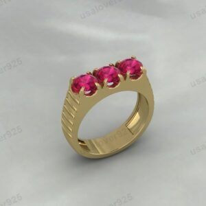 Ruby Round Gemstone Men's Signet Ring, High Quality Yellow Brass Jewelry