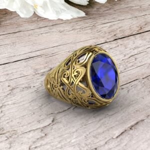 Sapphire Oval Gemstone Art Deco Men's Signet Ring, High Quality Yellow Brass Jewelry