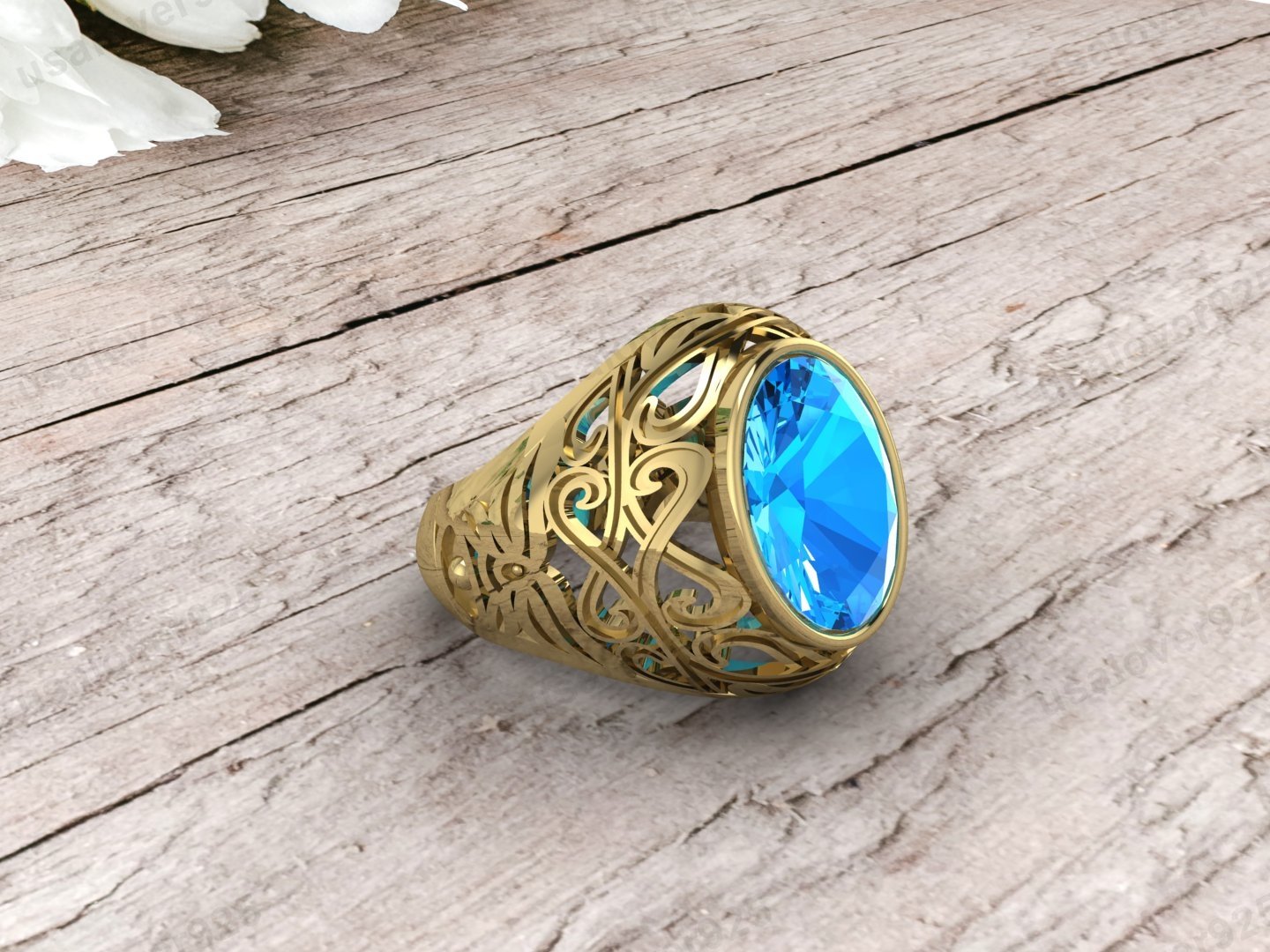 Topaz Oval Gemstone Art Deco Men's Signet Ring, High Quality Yellow Brass Jewelry