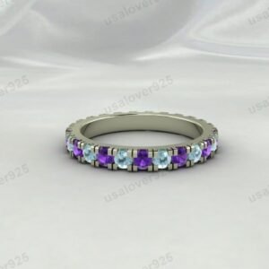 Aquamarine & Amethyst Full Eternity Women Ring – 925 Sterling Silver Jewelry