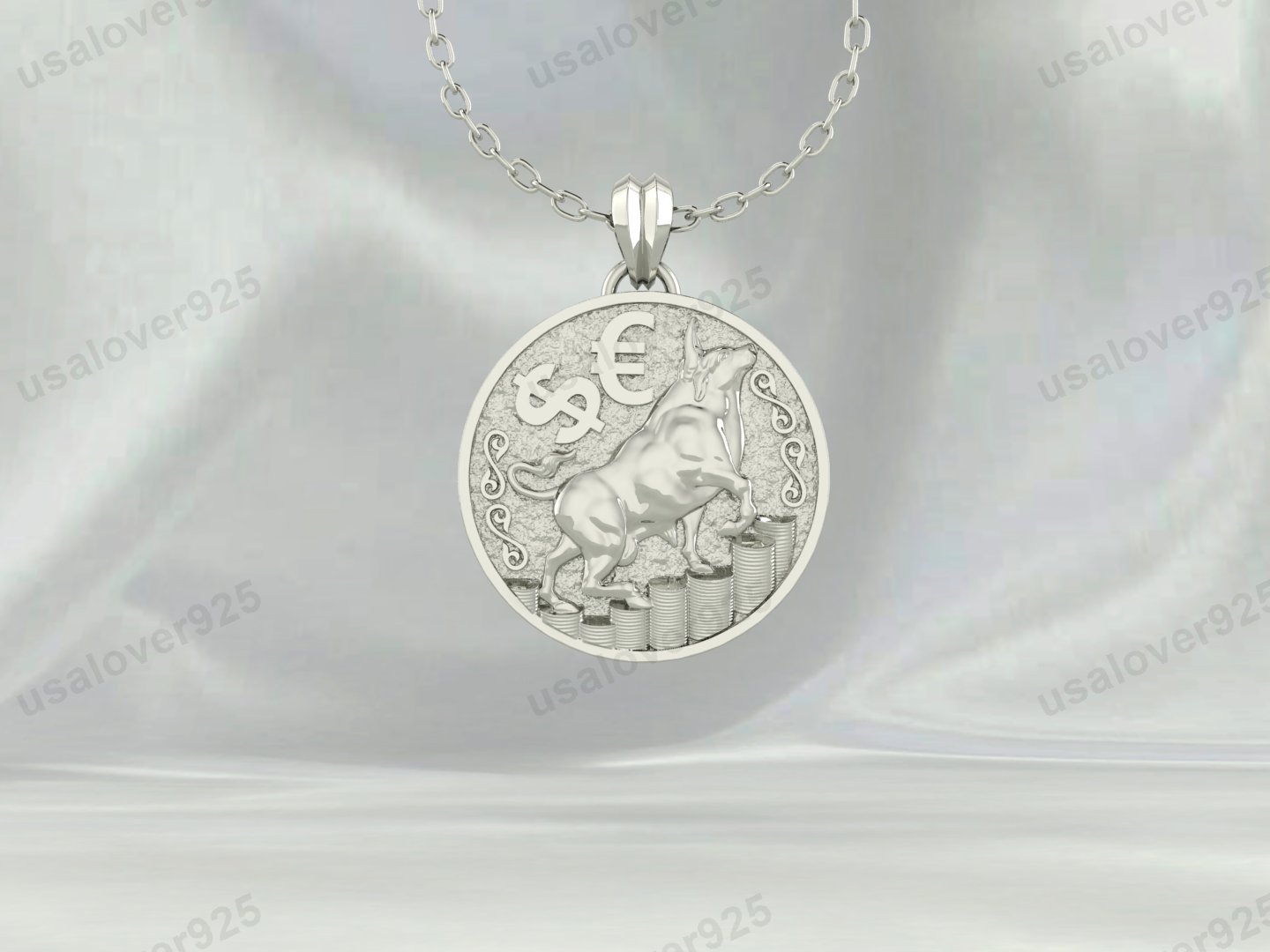 Bull Coin Unique Design Unisex Pendant, 925 Sterling Silver Necklace Jewelry
