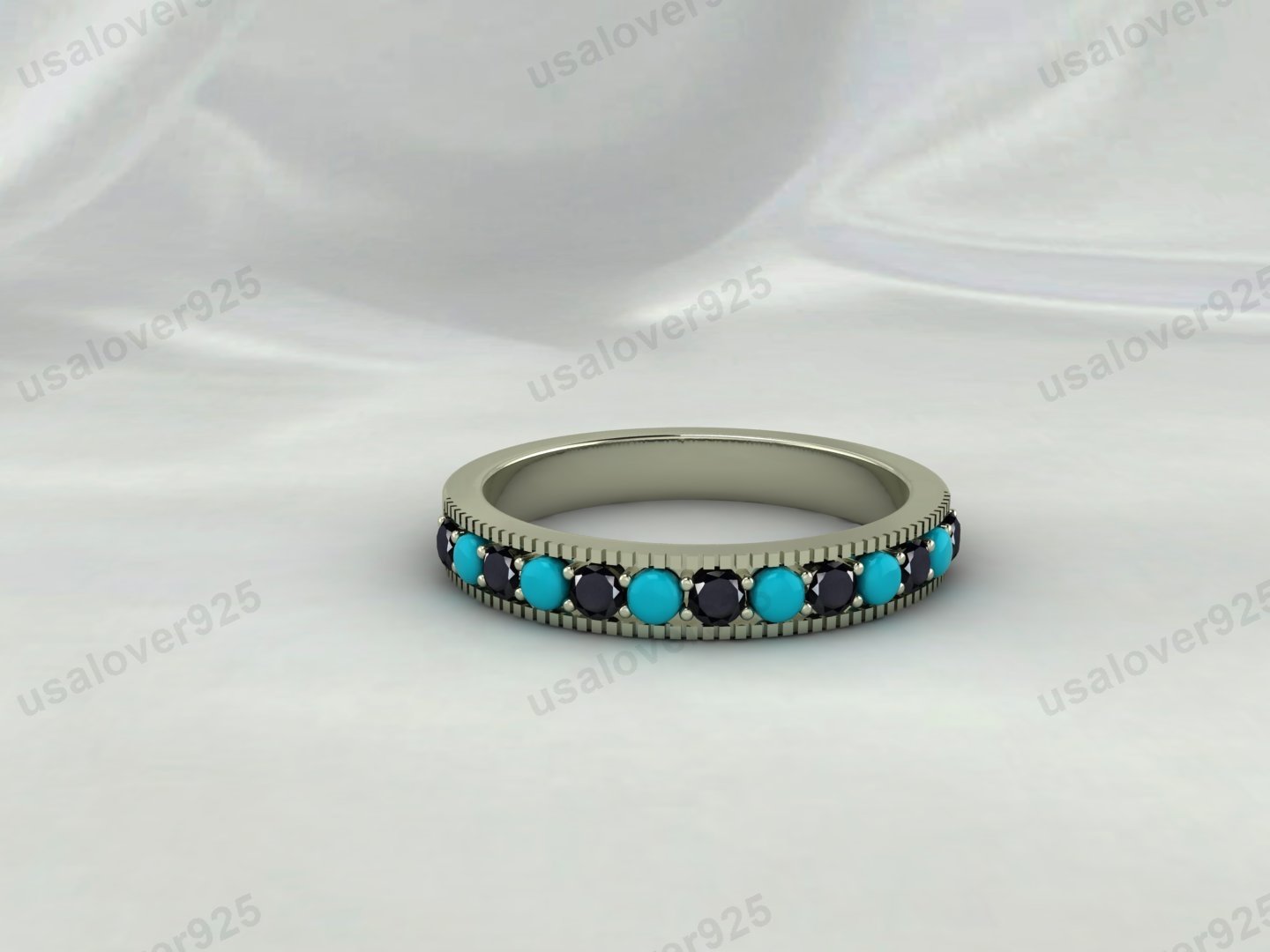 Turquoise & Onyx Half Eternity Women Band – 925 Sterling Silver Ring Jewelry