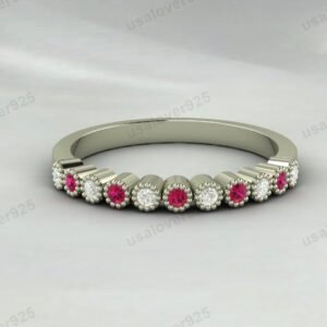 Ruby & CZ Diamond Stone Half Eternity Women Band – 925 Sterling Silver Ring Jewelry