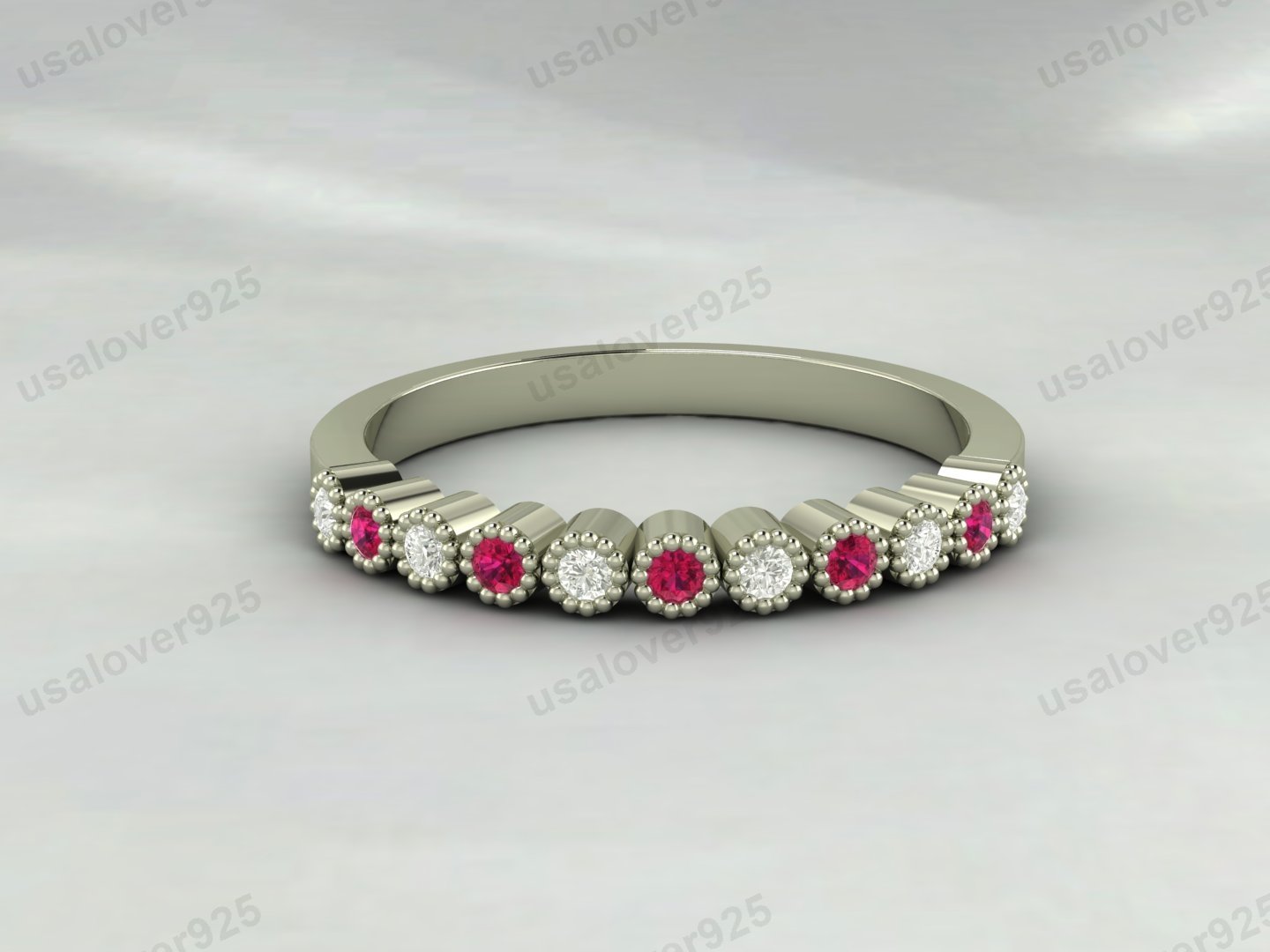 Ruby & CZ Diamond Stone Half Eternity Women Band – 925 Sterling Silver Ring Jewelry