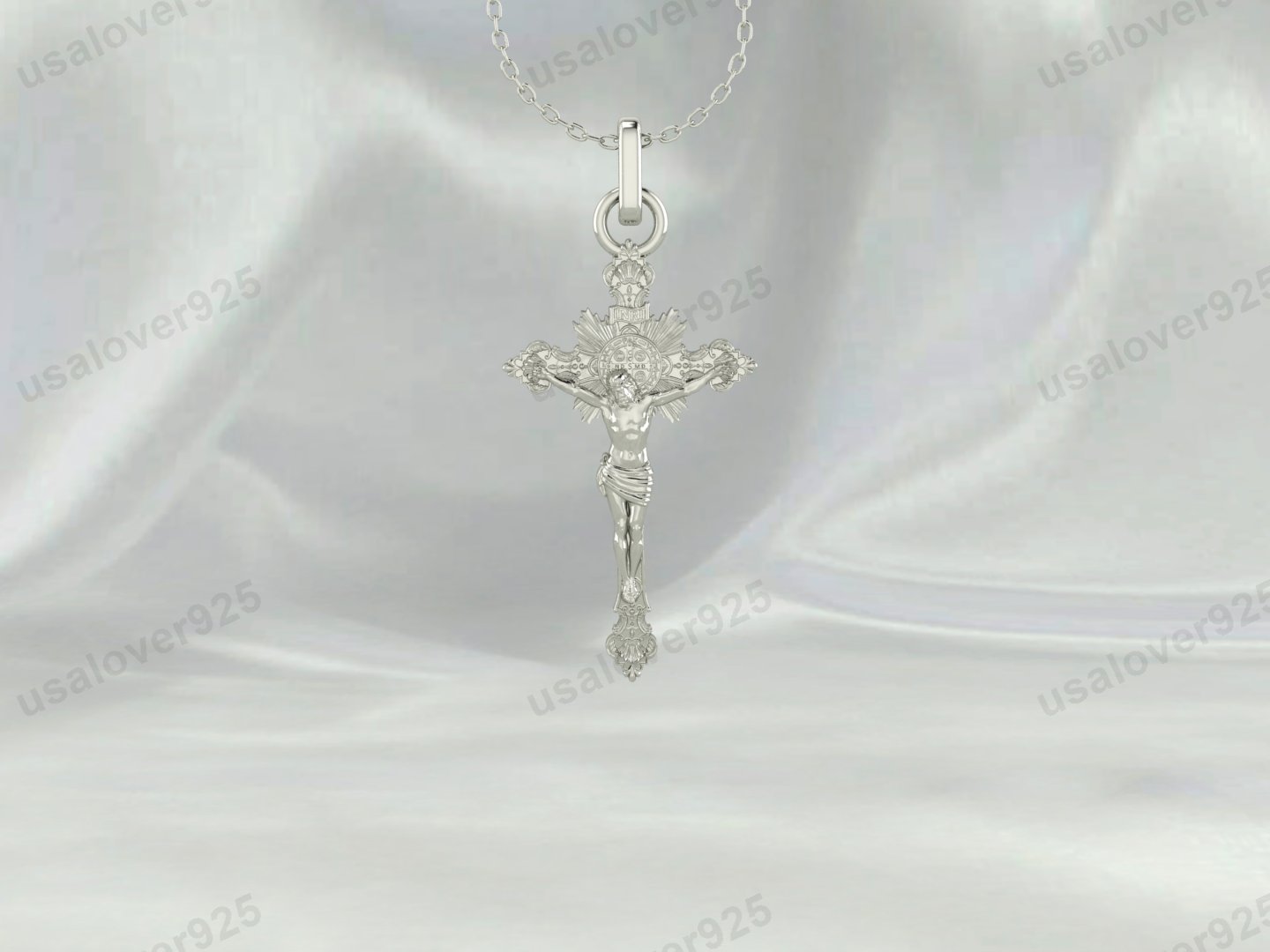 Jesus on Saint Benedict Cross Unisex Pendant, 925 Sterling Silver Necklace Jewelry