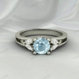 Aquamarine & CZ Diamond Gemstone Solitaire Women Ring – 925 Sterling Silver Jewelry