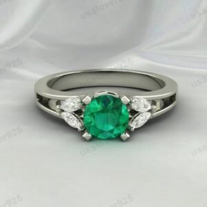 Emerald & CZ Diamond Gemstone Solitaire Women Ring – 925 Sterling Silver Jewelry