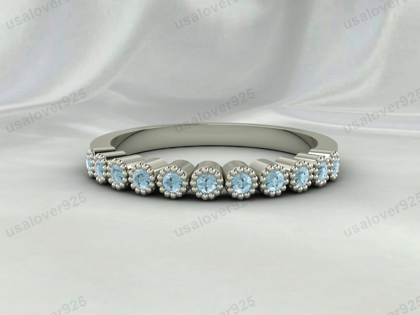Aquamarine Stone Half Eternity Band for Women – 925 Sterling Silver Ring Jewelry