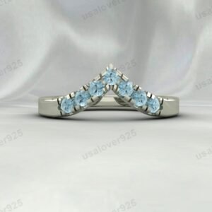 Aquamarine V Shape Curved Eternity Band for Women – 925 Sterling Silver Ring Jewelry