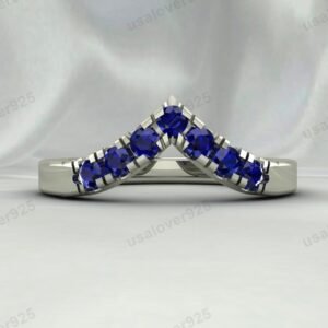 Sapphire Gemstone V Shape Curved Eternity Band for Women – 925 Sterling Silver Ring Jewelry