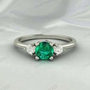 Emerald & CZ Diamond Gemstone Solitaire Women Ring – 925 Sterling Silver Jewelry