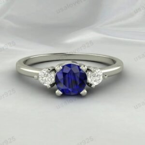 Sapphire & CZ Diamond Gemstone Solitaire Women Ring – 925 Sterling Silver Jewelry
