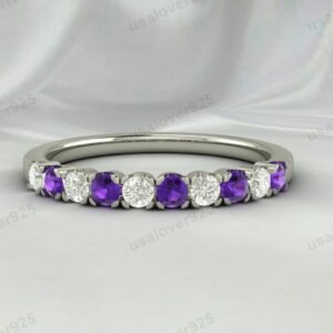 Amethyst & CZ Diamond Stone Eternity Band for Women – 925 Sterling Silver Ring Jewelry