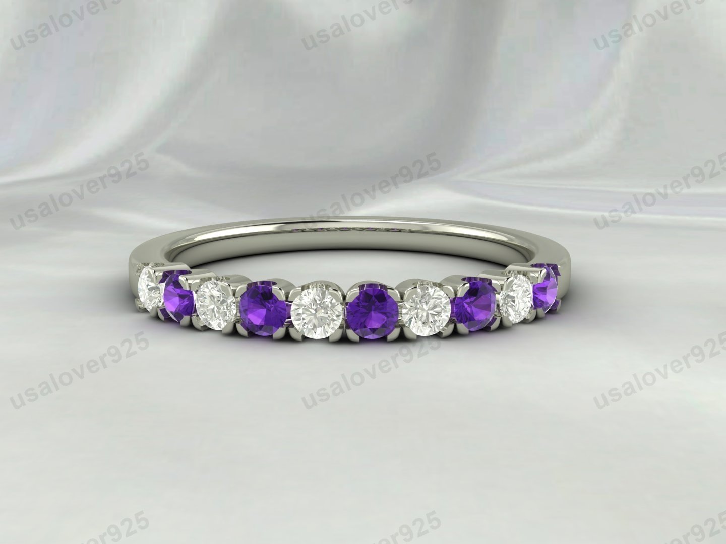 Amethyst & CZ Diamond Stone Eternity Band for Women – 925 Sterling Silver Ring Jewelry