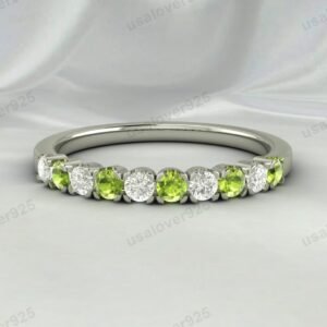 Peridot & CZ Diamond Stone Eternity Band for Women – 925 Sterling Silver Ring Jewelry