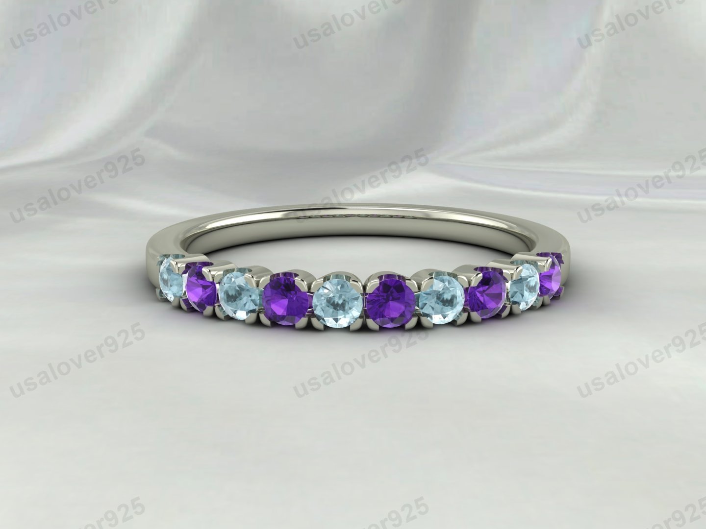 Amethyst & Aquamarine Stone Eternity Band for Women – 925 Sterling Silver Ring Jewelry