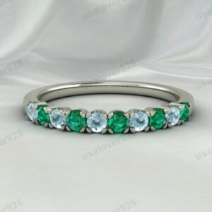 Emerald & Aquamarine Stone Eternity Band for Women – 925 Sterling Silver Ring Jewelry