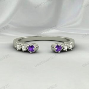 Amethyst & CZ Diamond Stone Open Women Band  – 925 Sterling Silver Ring Jewelry