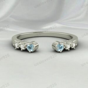 Aquamarine & CZ Diamond Stone Open Women Band – 925 Sterling Silver Ring Jewelry