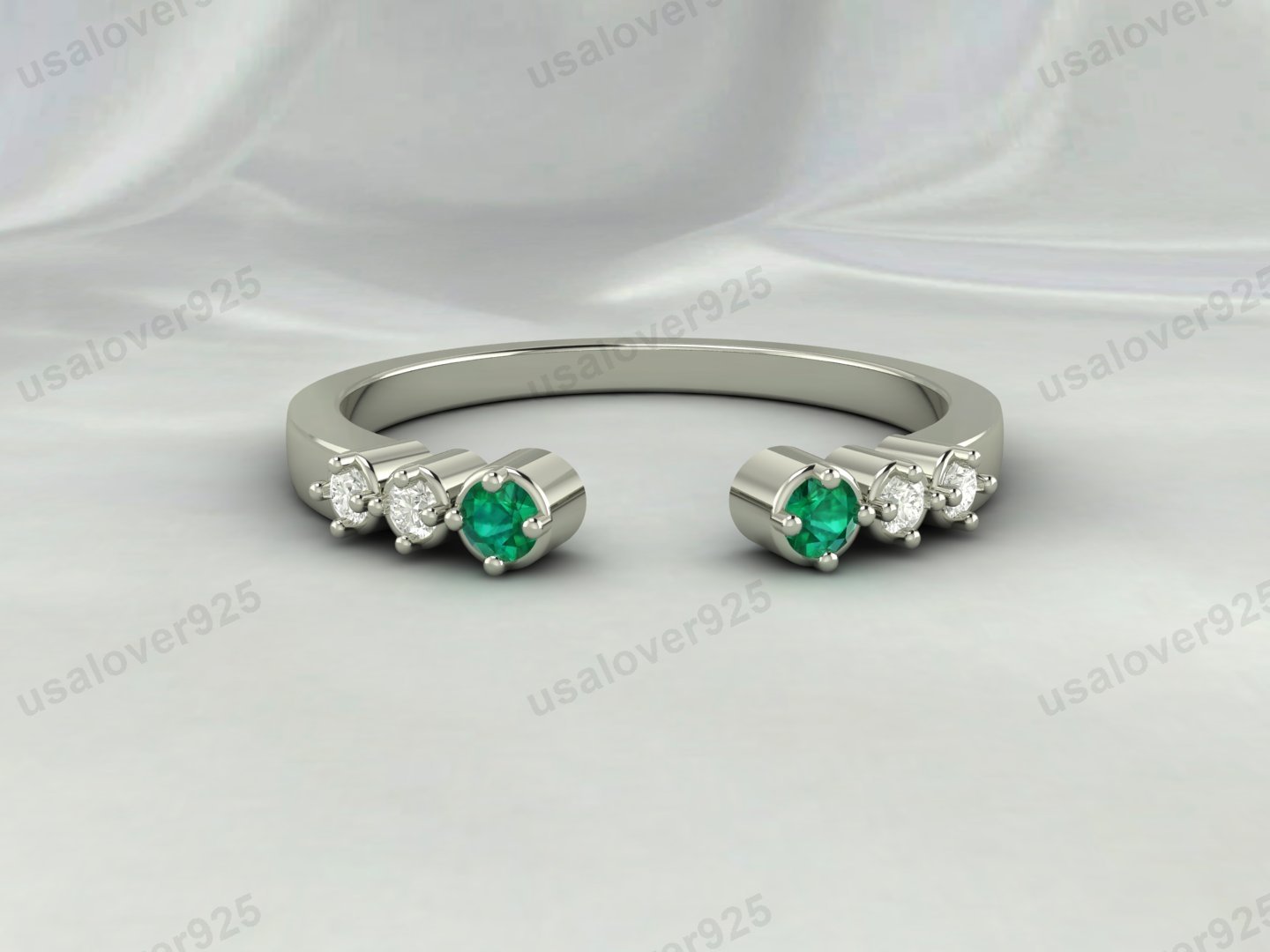 Emerald & CZ Diamond Stone Open Women Band – 925 Sterling Silver Ring Jewelry - Image 2