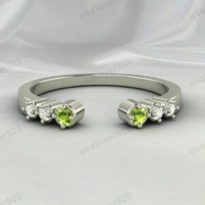 Peridot & CZ Diamond Stone Open Women Band – 925 Sterling Silver Ring Jewelry