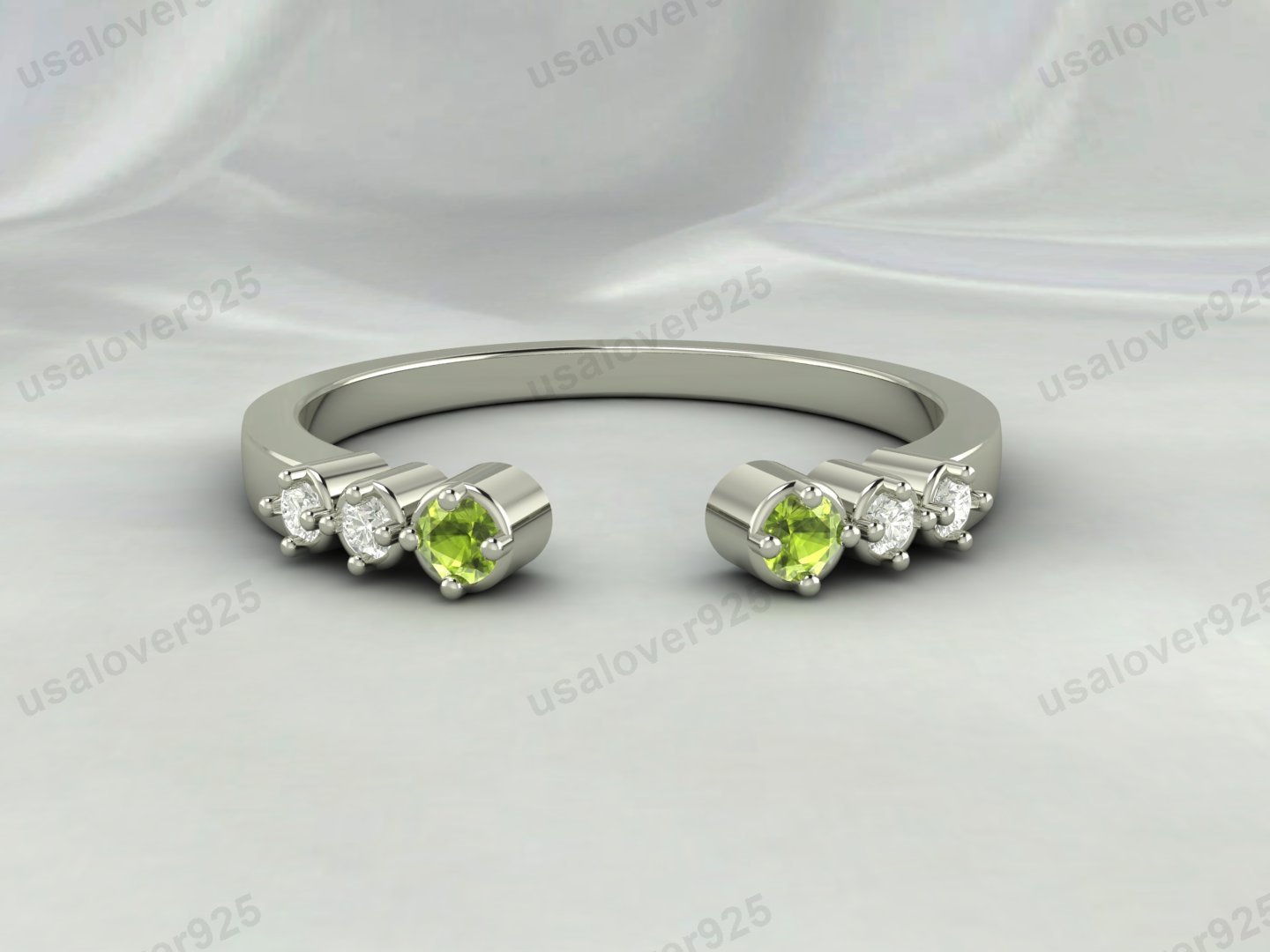 Peridot & CZ Diamond Stone Open Women Band – 925 Sterling Silver Ring Jewelry