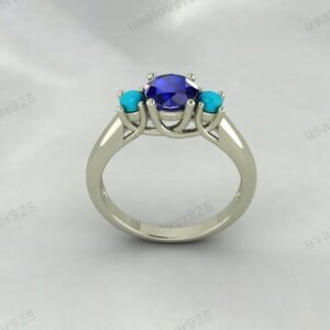 Sapphire & Turquoise Gemstone Women Solitaire Ring – 925 Sterling Silver Jewelry
