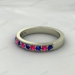 Sapphire & Ruby Half Eternity Women Band – 925 Sterling Silver Ring Jewelry