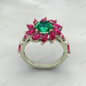 Emerald & Ruby Gemstone Trendy Women Ring – 925 Sterling Silver Jewelry