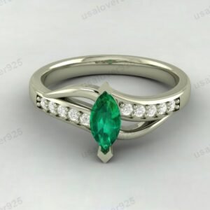 Emerald & CZ Diamond Gemstone Women Ring – 925 Sterling Silver Jewelry