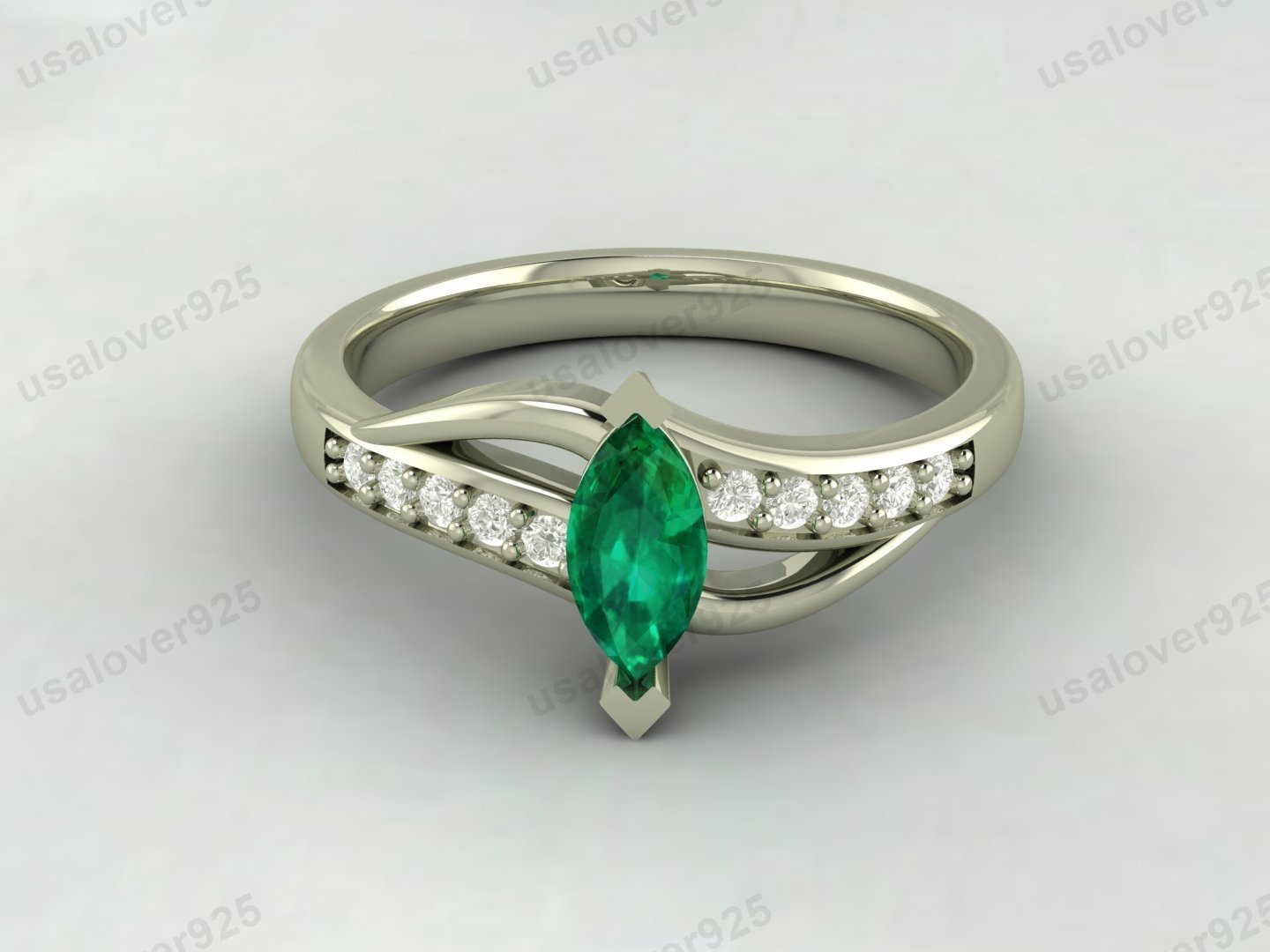 Emerald & CZ Diamond Gemstone Women Ring – 925 Sterling Silver Jewelry