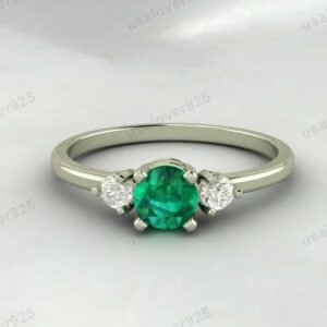 Emerald & CZ Diamond Gemstone Solitaire Women Ring – 925 Sterling Silver Jewelry