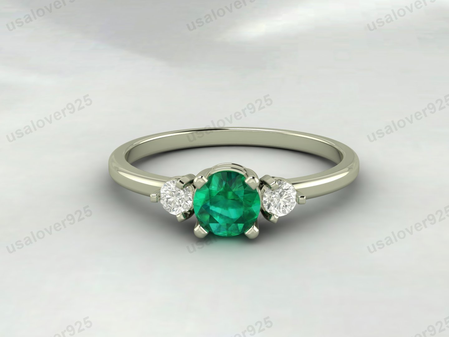 Emerald & CZ Diamond Gemstone Solitaire Women Ring – 925 Sterling Silver Jewelry