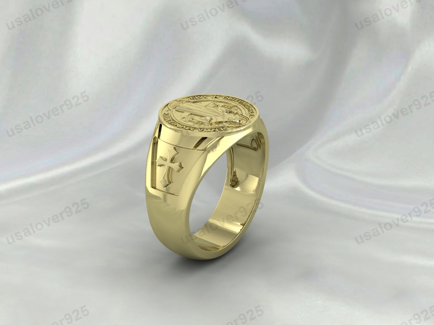 St Benedict Exorcism Signet Men Ring – High Quality Yellow Brass Jewelry - Image 2