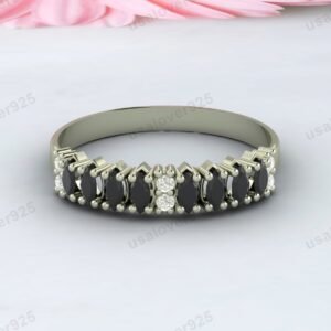 Onyx & CZ Diamond Gemstone Eternity Women Band – 925 Sterling Silver Ring Jewelry