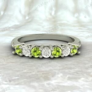 Peridot & CZ Diamond Stone Half Eternity Women Band – 925 Sterling Silver Ring Jewelry