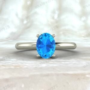 Blue Topaz Oval Gemstone Solitaire Women Ring  – 925 Sterling Silver Jewelry