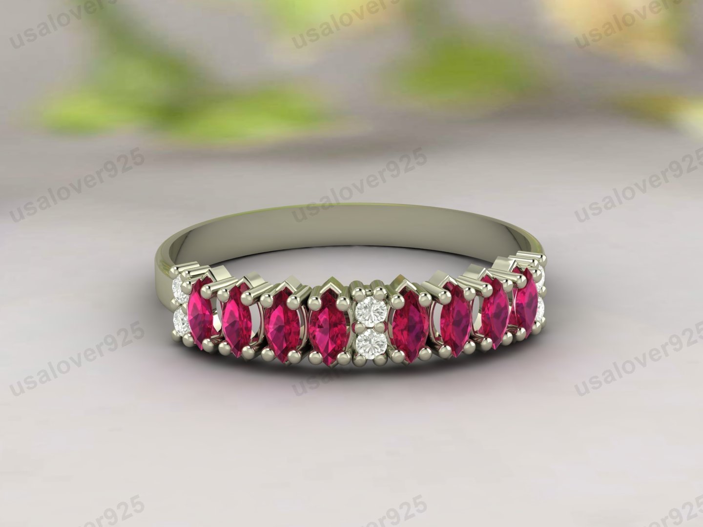 Ruby & CZ Diamond Gemstone Eternity Women Band – 925 Sterling Silver Ring Jewelry