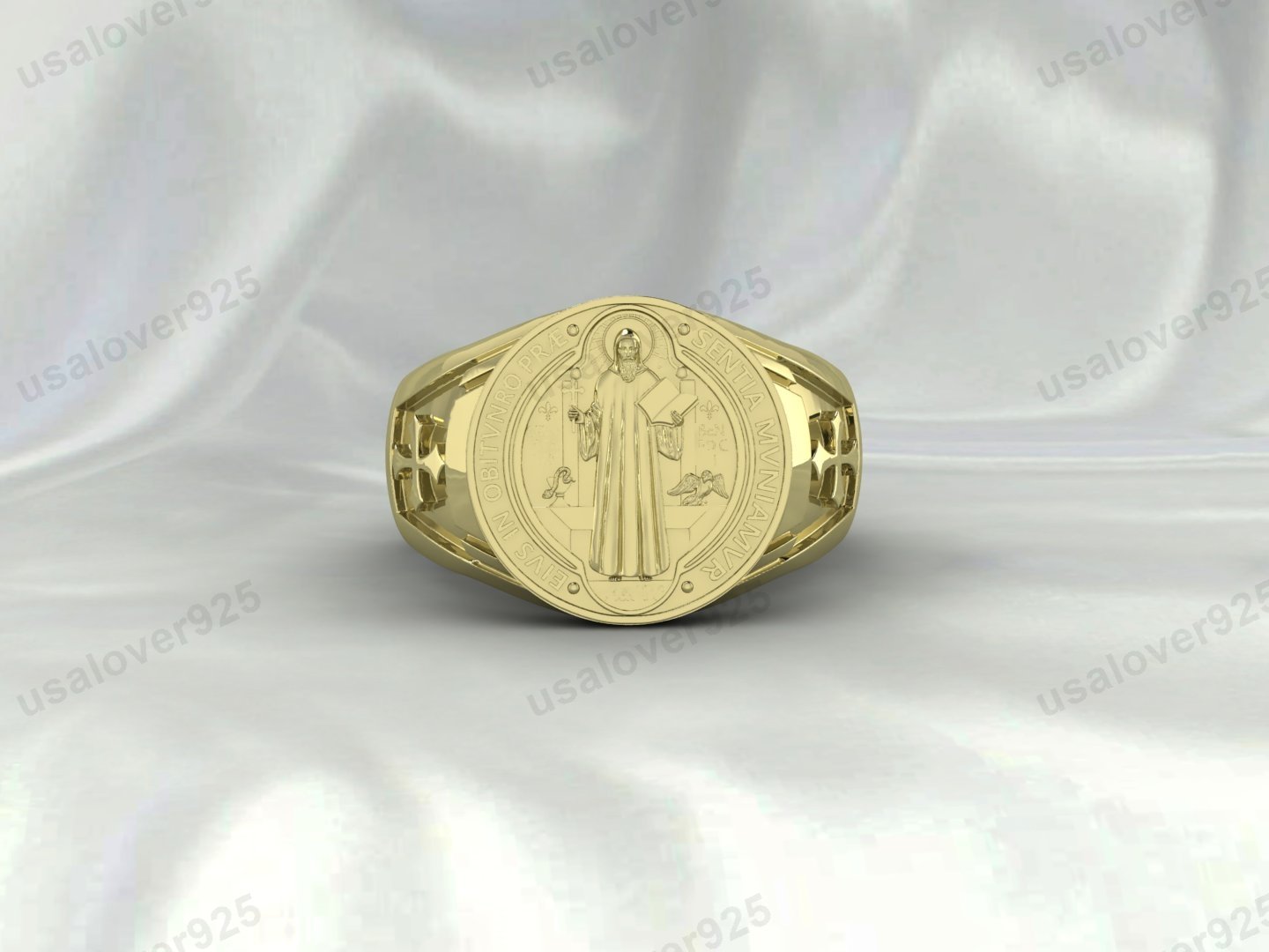 St Benedict Exorcism Signet Men Ring – High Quality Yellow Brass Jewelry - Image 3