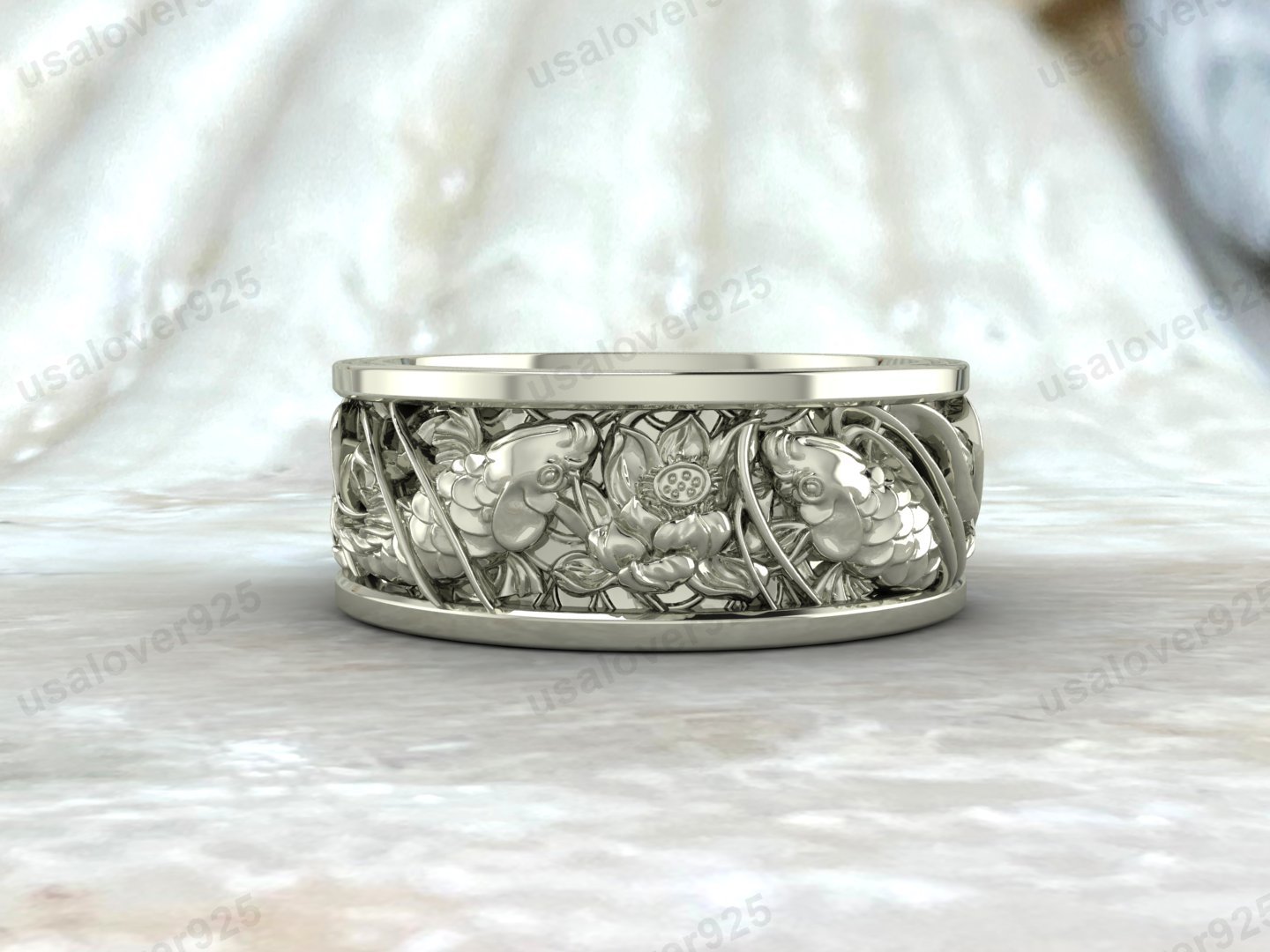 Japanese Carp Koi Fish Traditional Pattern Unisex Ring, 925 Sterling Silver Jewelry