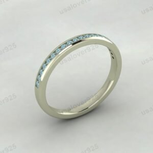 Aquamarine Gemstone Half Eternity Women Band – 925 Sterling Silver Ring Jewelry