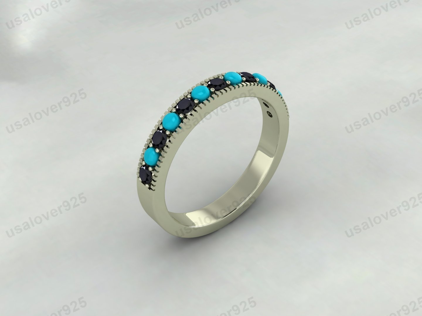 Turquoise & Onyx Half Eternity Women Band – 925 Sterling Silver Ring Jewelry - Image 2