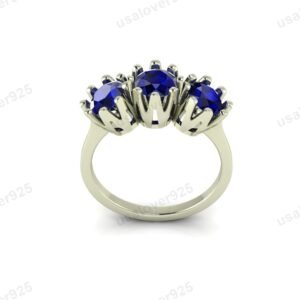 Blue Sapphire Three Gemstone Women Ring – 925 Sterling Silver Jewelry