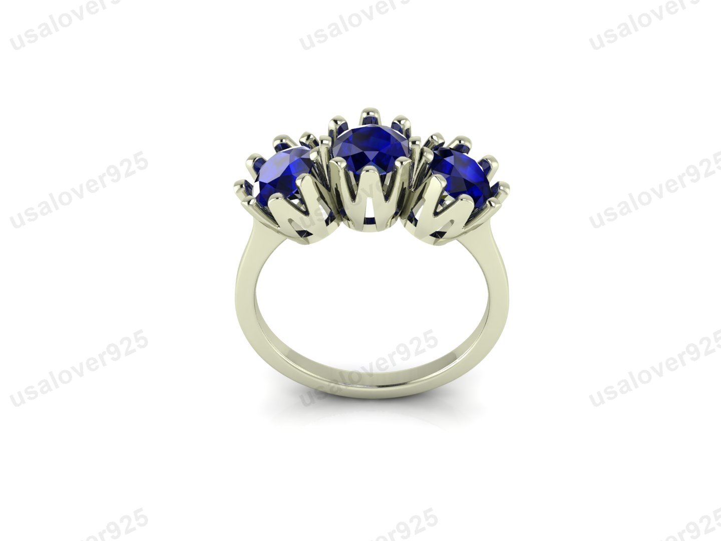 Blue Sapphire Three Gemstone Women Ring – 925 Sterling Silver Jewelry