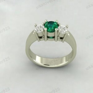 Emerald & CZ Diamond Three Gemstone Women Ring – 925 Sterling Silver Jewelry