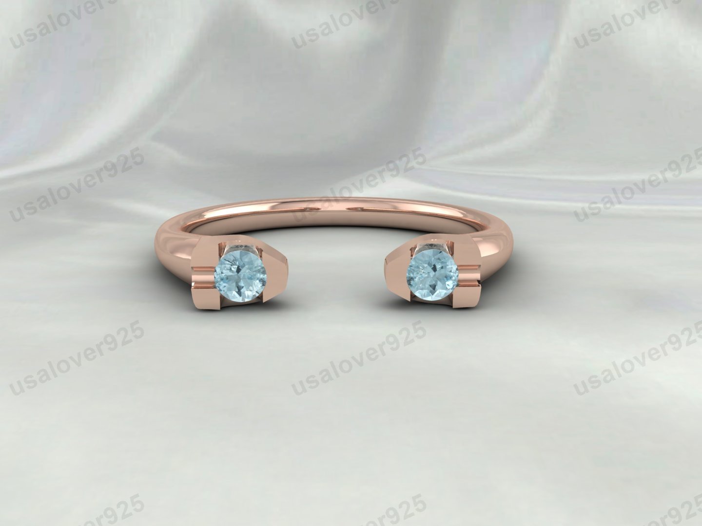 Aquamarine Gemstone Open Women Band – 925 Sterling Silver Ring Jewelry