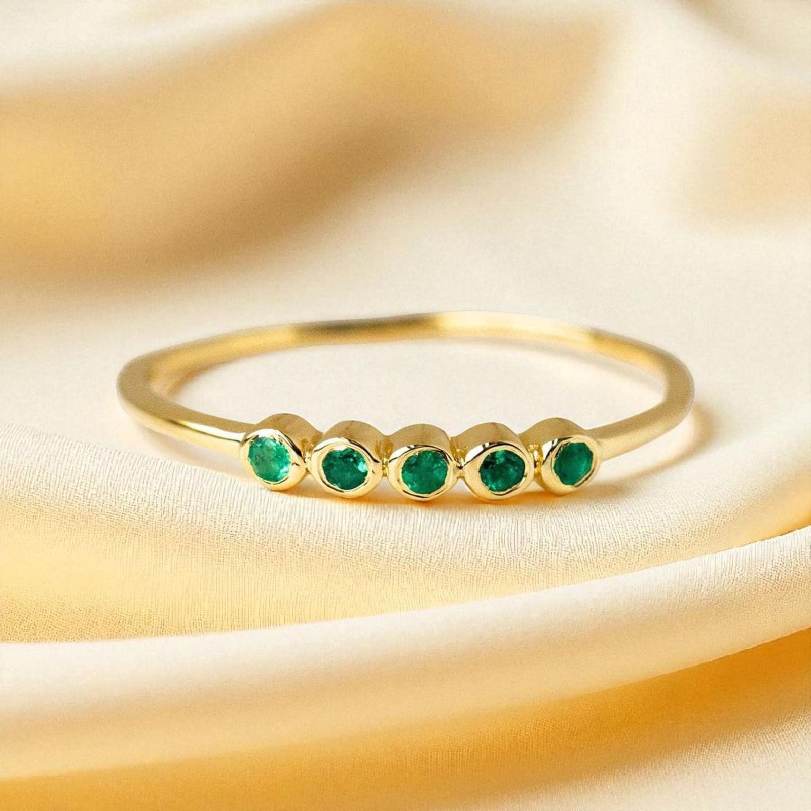 Emerald Five Gemstone Bezel Set Stacking Minimalist Women Band – 925 Sterling Silver Ring Jewelry
