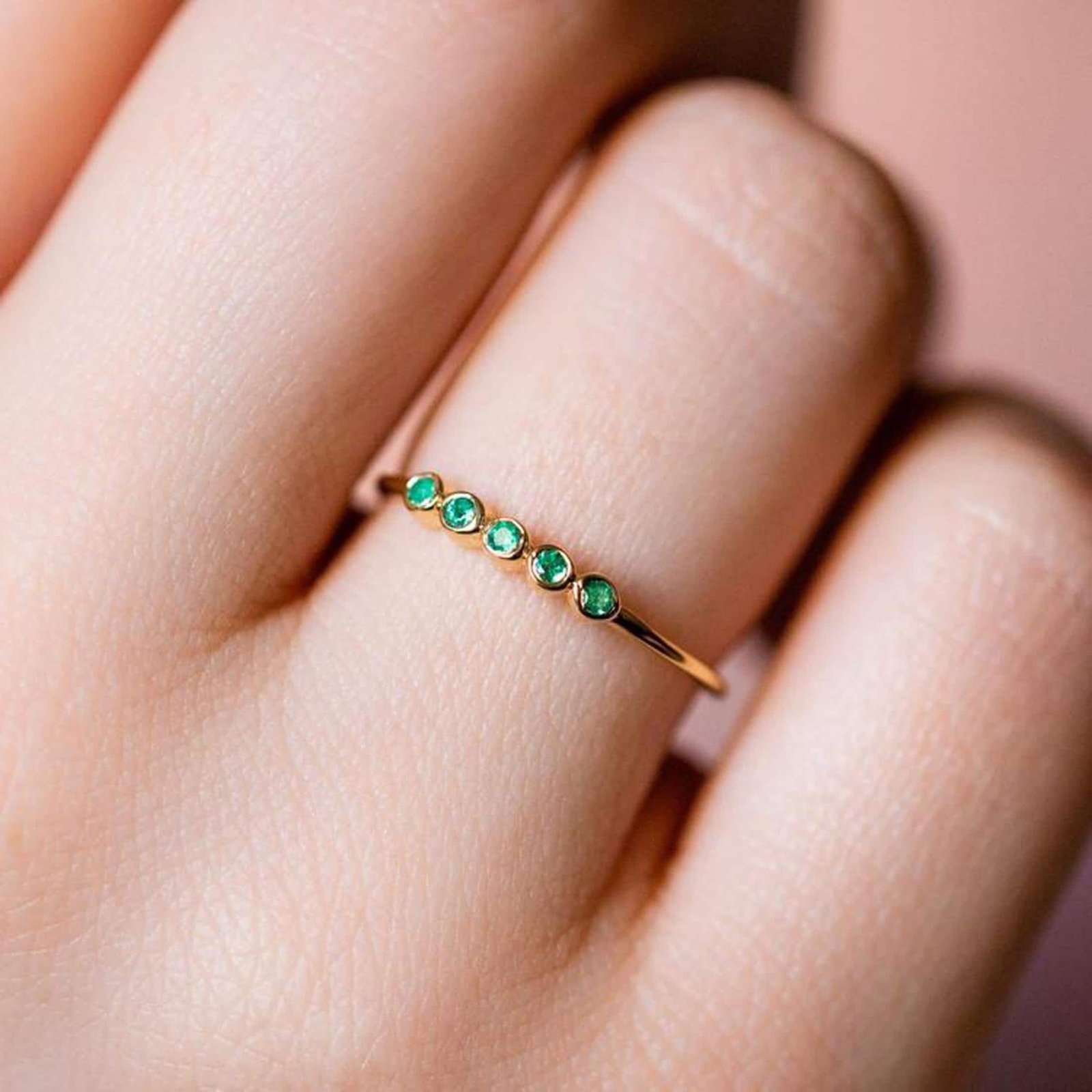 Emerald Five Gemstone Bezel Set Stacking Minimalist Women Band – 925 Sterling Silver Ring Jewelry - Image 3