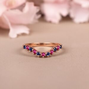 Ruby with Sapphire Band – Elegant Curved Wedding Ring, Anniversary Jewelry Gift