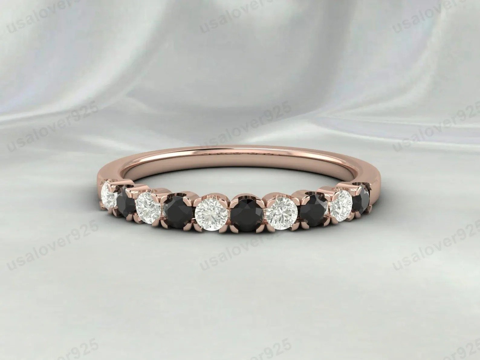 Onyx & CZ Diamond Gemstone Eternity Band for Women – 925 Sterling Silver Ring Jewelry